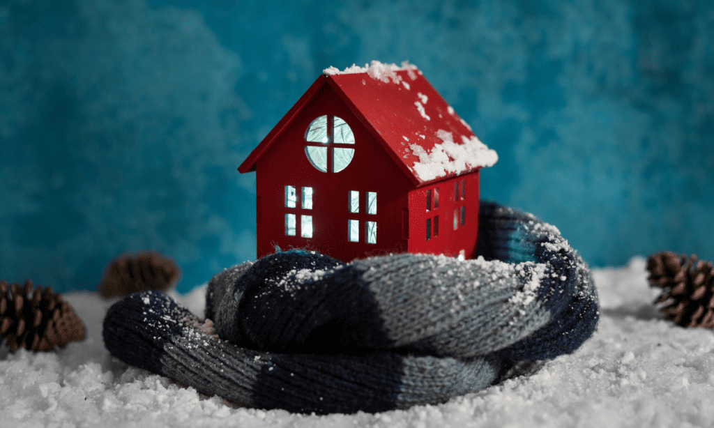 Image of toy house wrapped in a scarf to protect it from the snow.