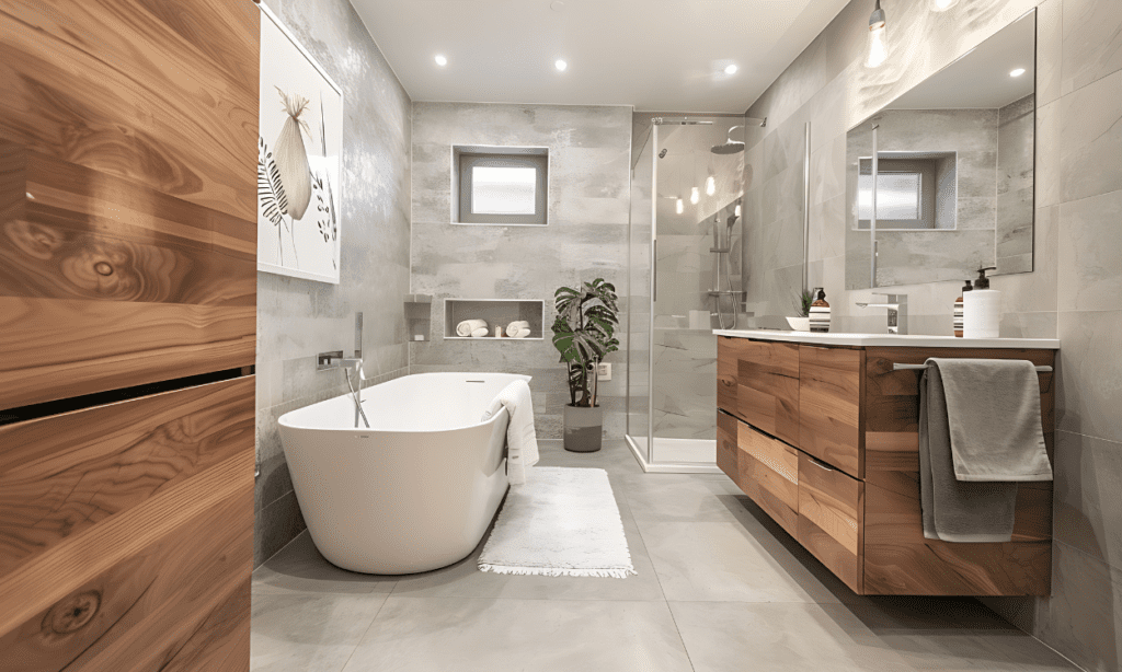 Modern bathroom with wooden cupboards and roll top bath